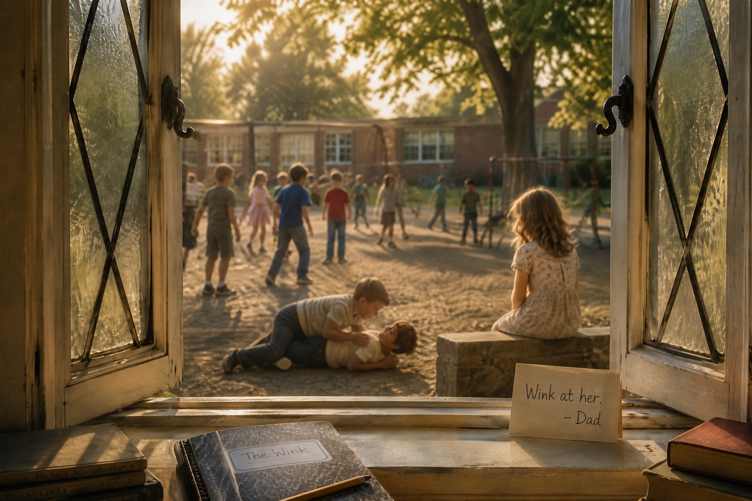 Children on a school playground seen through an open window
