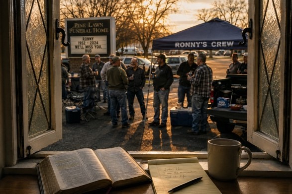 Ronny’s friends gathering outside a funeral home, seen through an open window