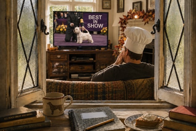 A man watching the National Dog Show from a Thanksgiving living room
