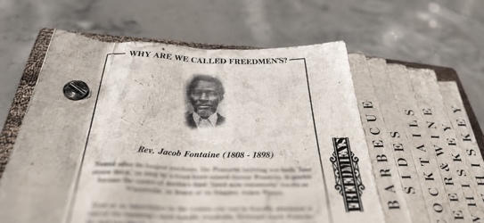 A Freedmen’s menu featuring a portrait and history of Reverend Jacob Fontaine