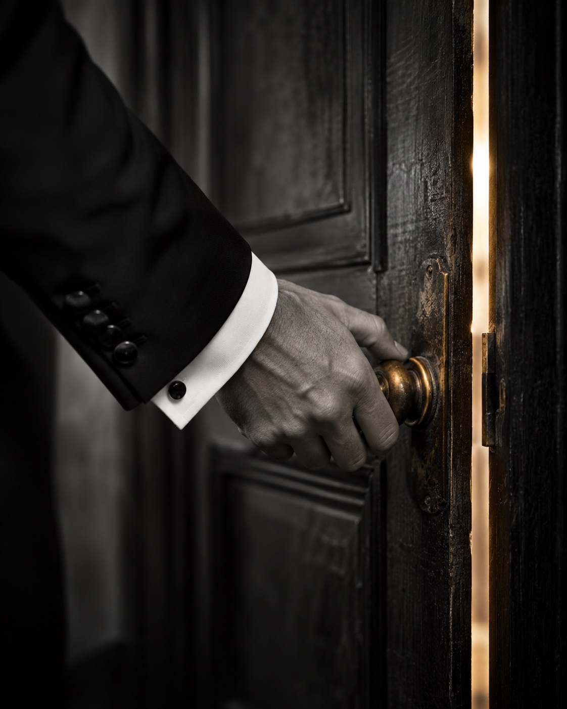 A hand in a tuxedo sleeve opens a dark wooden door to a sliver of warm light