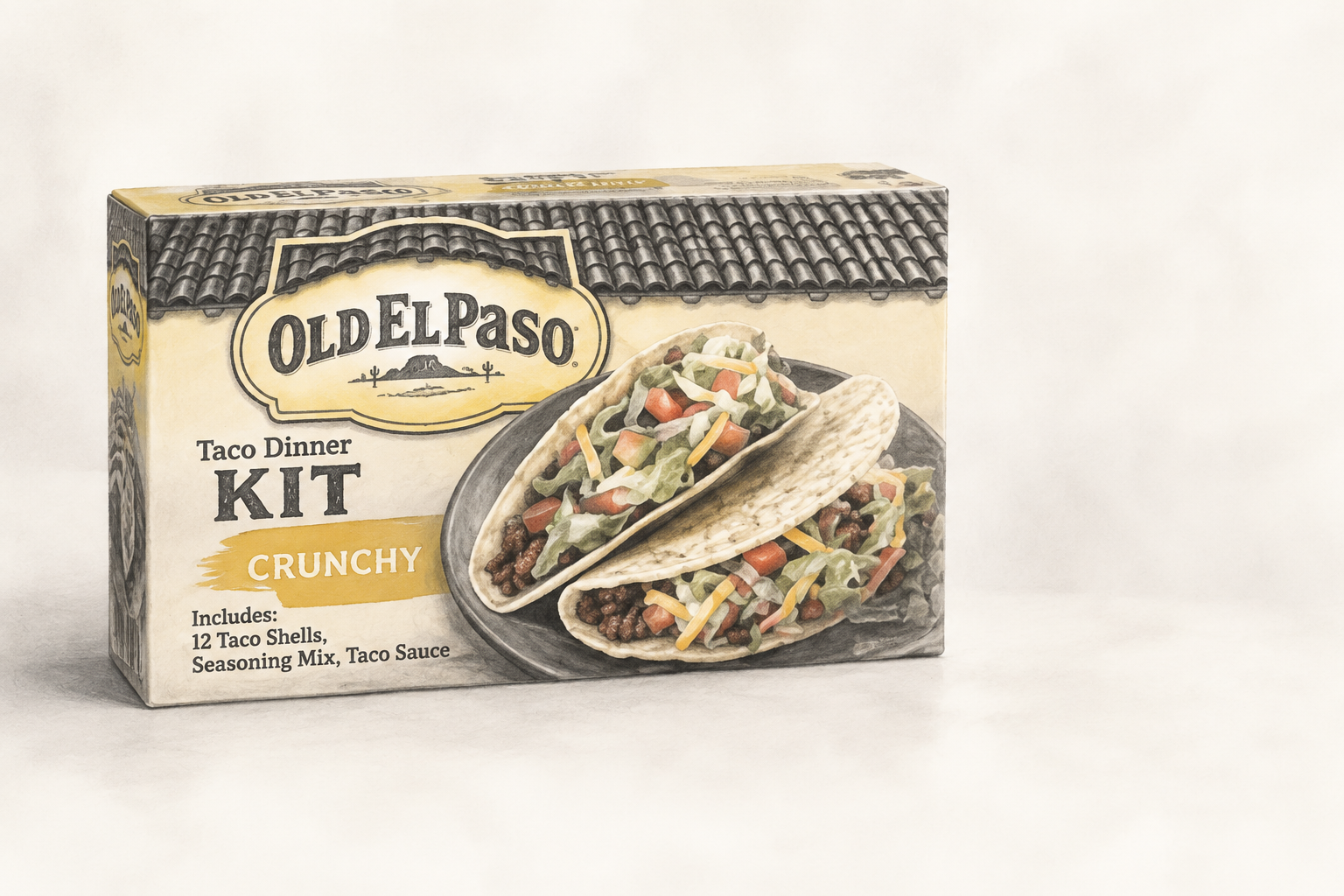 An Old El Paso taco dinner kit illustrated in muted colors on a cream background